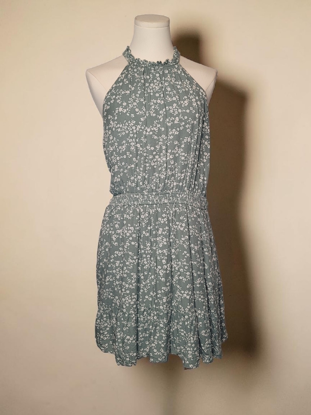 MEROKEETY - Large Halter Neck Floral Mini Dress in Sage Green